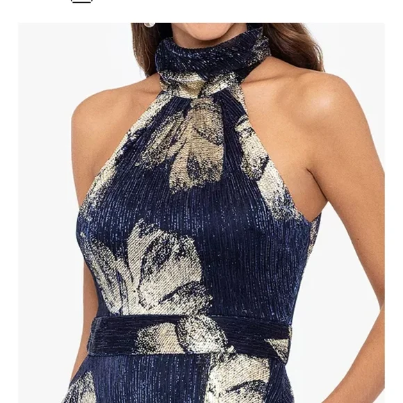 NWT! Betsy & Adam, Women's Metallic Print Halter Gown, Navy, Gold, Sz. 10 - Picture 2 of 10